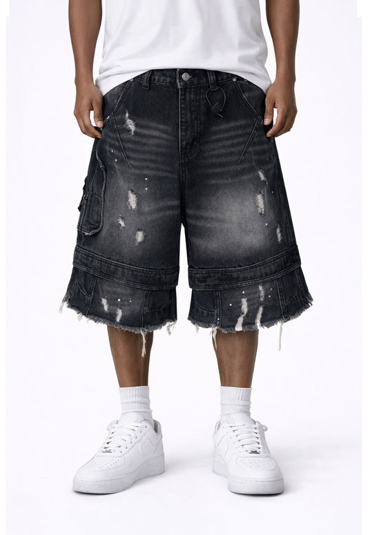 NOIR DISTRESSED CARGO SHORTS