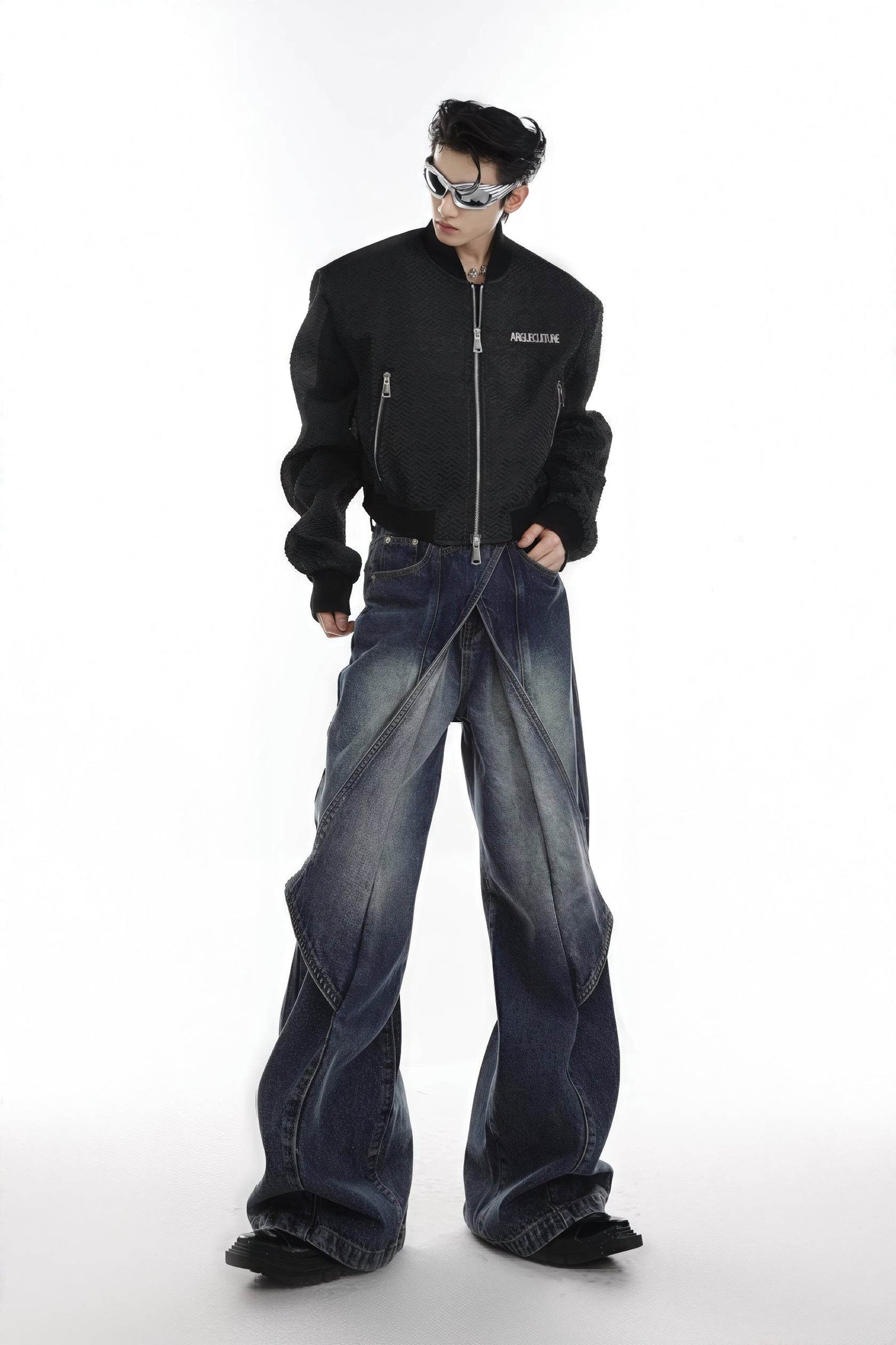 Distressed Denim Patchwork Jeans - Convertible Flare Design